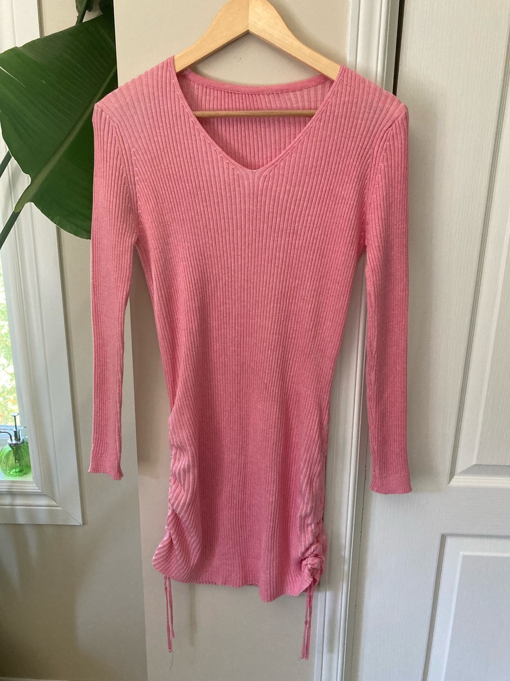 Pink Ribbed V-Neck Long Sleeve Dress